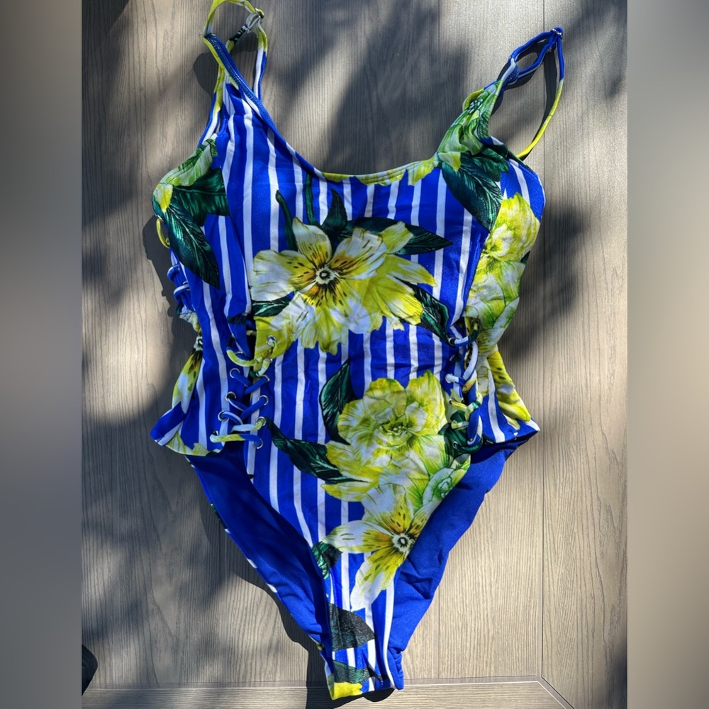 NWT Cute One piece striped Bikini Size Medium. Blue tropical striped. TiniBikini